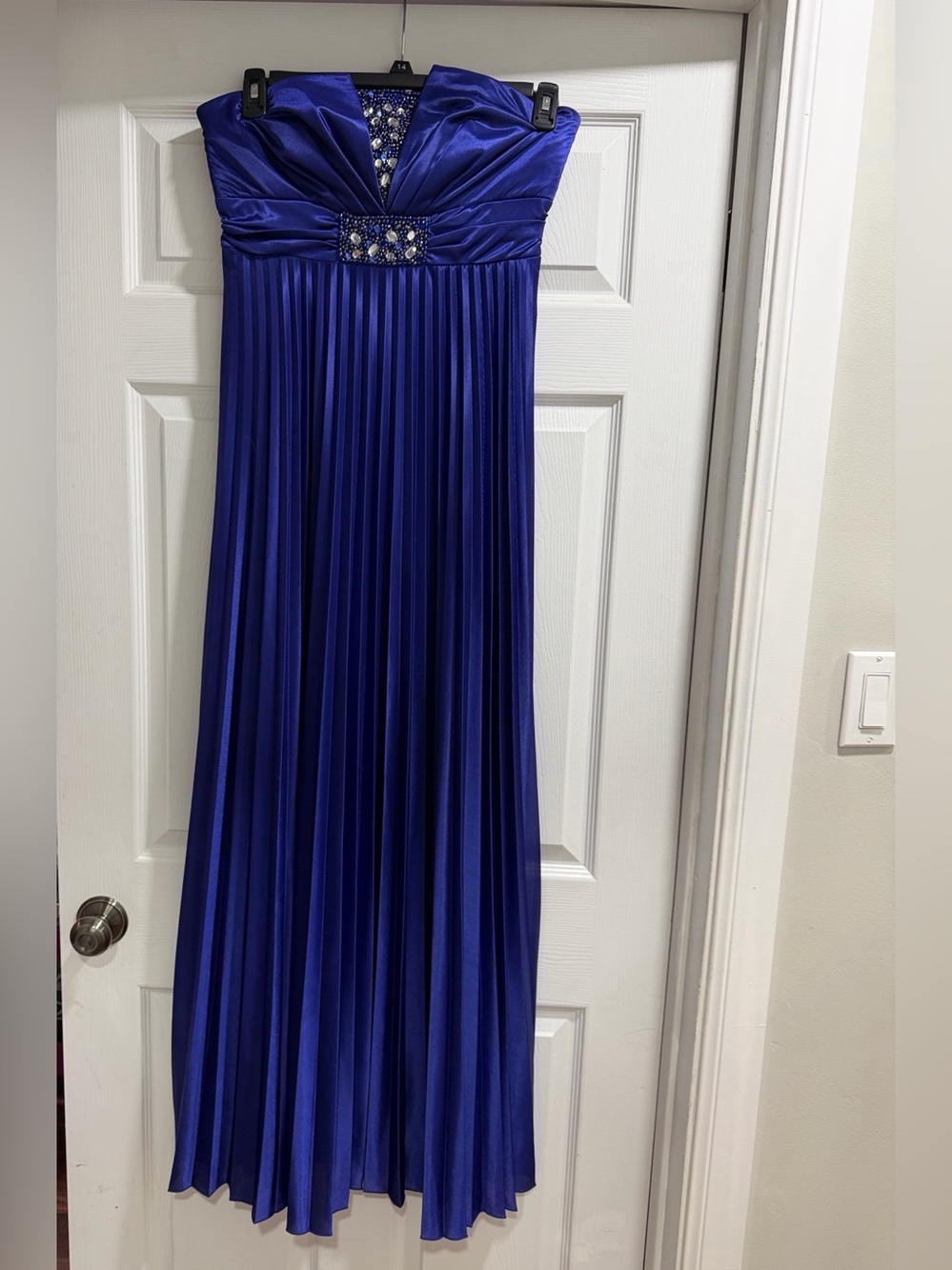 My Michelle Purple Strapless Pleated Evening Gown with Embellished Waist